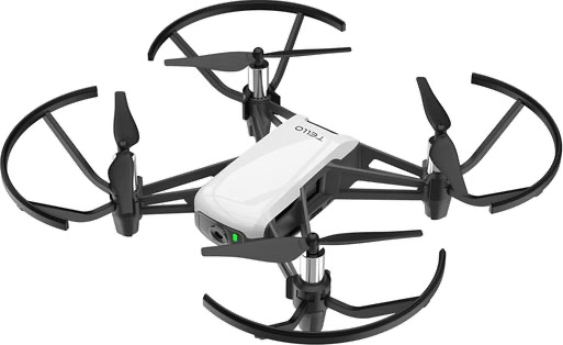 The DJI Tello: a small white-and-black quadcopter with propeller guards and a forward-facing camera on its nose